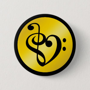 Music Love Heart Symbol Clef Notes in Gold Black 2 Inch Round Button