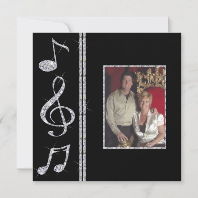 Music Lovers Diamond Shimmer On Black Wedding Invitation (Front)