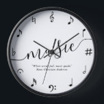Music Lovers Personalized Clock<br><div class="desc">Hans Christian Andersen quote: Where words fail, music speaks.
Personalize this design with your own quote, special song lyrics, a name, or a date for a one-of-a-kind design for music lovers.</div>