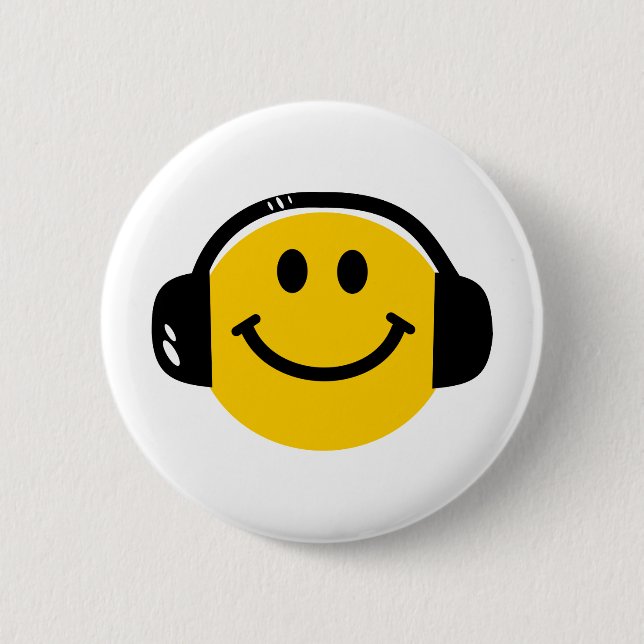 Music Loving Happy Face with Headphones 2 Inch Round Button (Front)