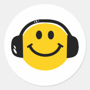 Music Loving Happy Face with Headphones Classic Round Sticker
