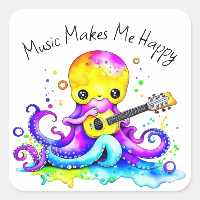 Music Makes Me Happy | Octopus Playing Guitar Square Sticker (Front)