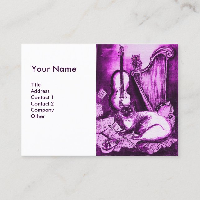 MUSIC MAKING CAT AND OWL Purple White Business Card (Front)