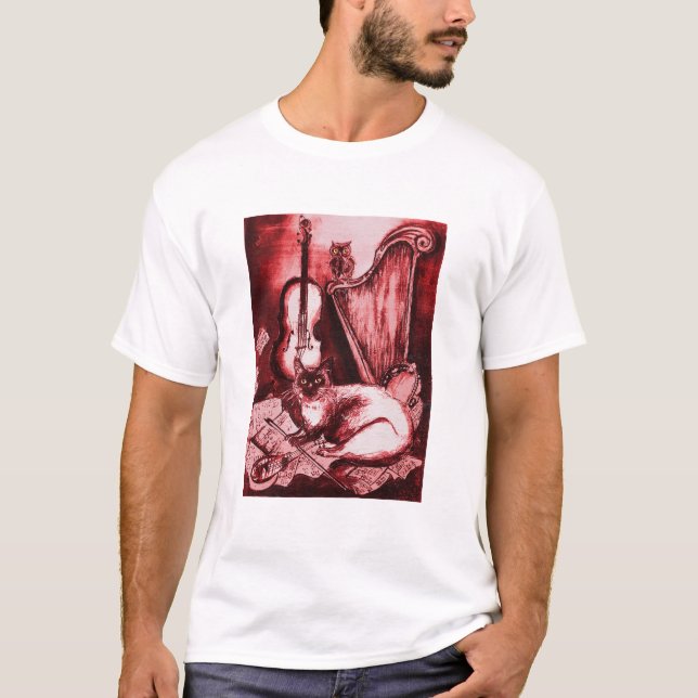 MUSIC MAKING CAT,OWL,Musical Instruments Red White T-Shirt (Front)