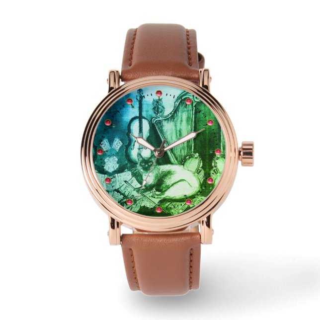 MUSIC MAKING CAT WITH OWL Green Watch (Front)