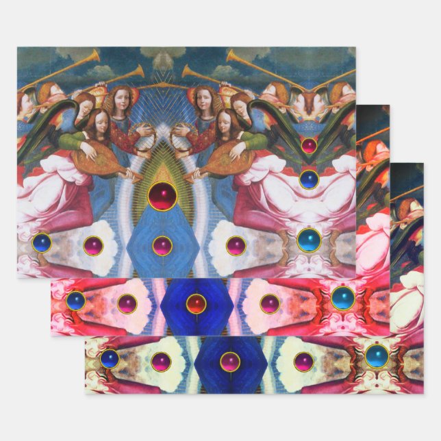 MUSIC MAKING CHRISTMAS ANGELS Colourful Gemstones Wrapping Paper Sheet (Set)