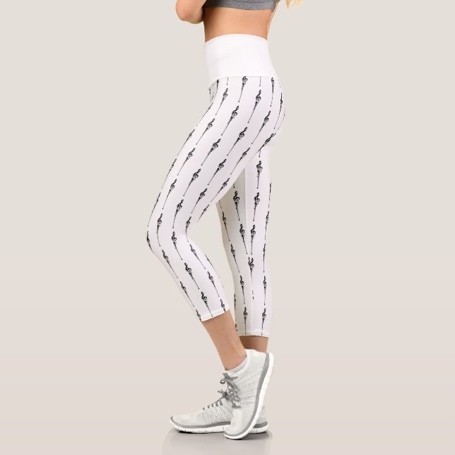 Music Motif Melting Treble Clef Black and White Capri Leggings (Left)