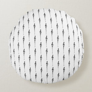 Music Motif Melting Treble Clef Black and White Round Pillow
