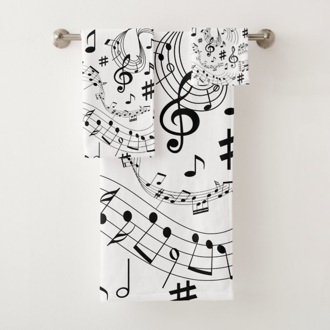 Music, Musical Notes, Black and White Bath Towel Set (Insitu)