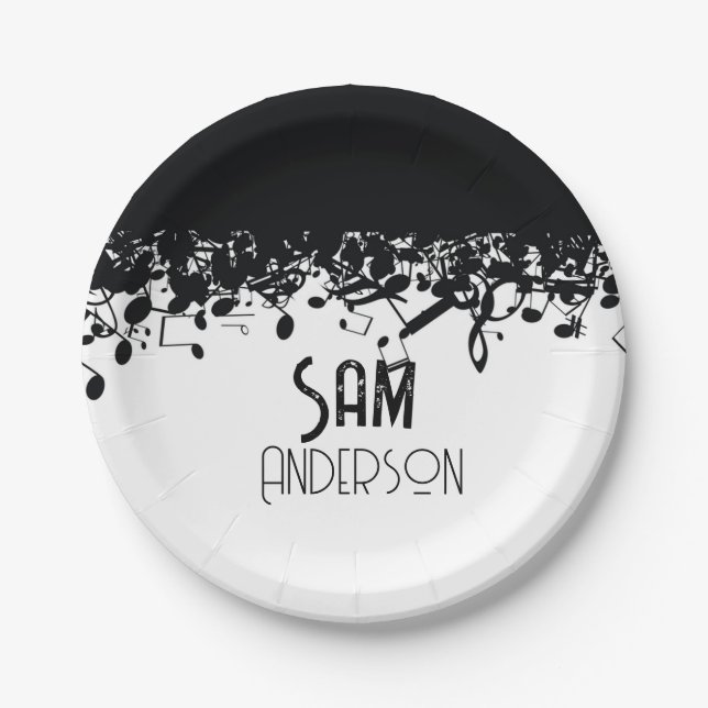 Music Note Luxury black and white Personalized Paper Plate (Front)