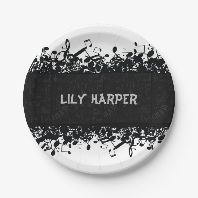 Music Note Luxury black and white Personalized Paper Plate (Front)