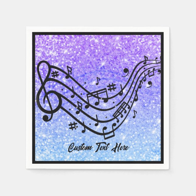 Music Note Purple Blue Glitter Sparkle Personalize Napkin (Front)