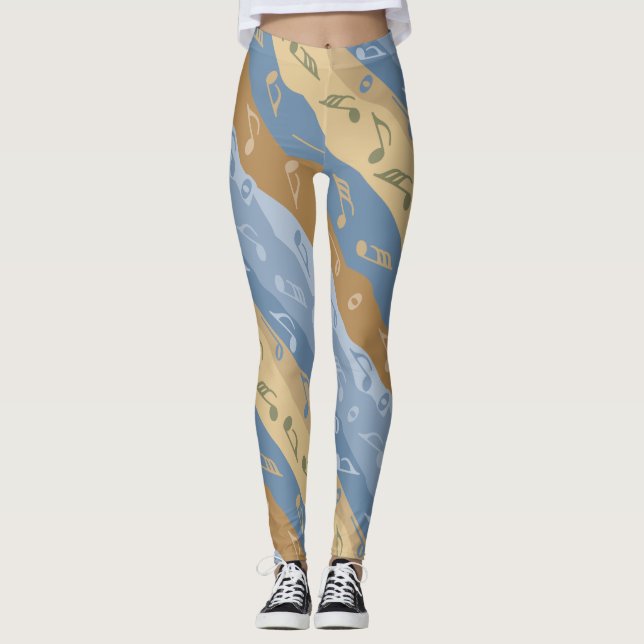 Music Note Stripes Brown And Blue Ornament Leggings (Front)