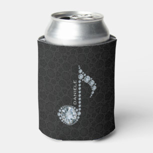 Music Note White Diamonds Over Black Can Cooler