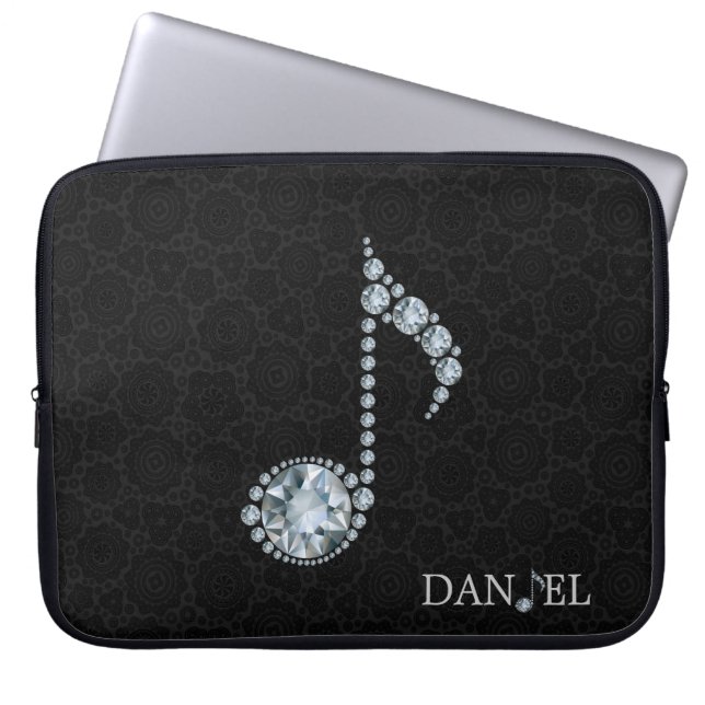 Music Note White Diamonds Over Black Laptop Sleeve (Front)