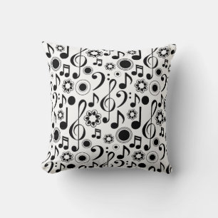 Music Notes and Clefs Black & White Throw Pillow