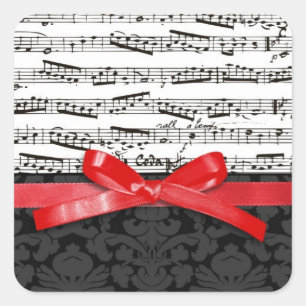 Music notes and faux red ribbon square sticker