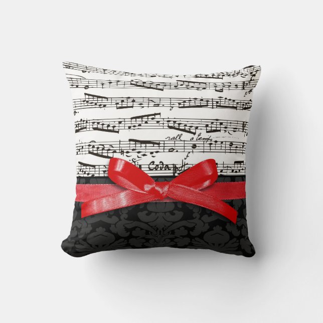 Music notes and faux red ribbon throw pillow (Front)