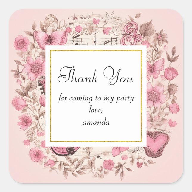 Music Notes and Flowers Retro Party Thank You Square Sticker (Front)