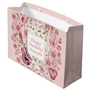 Music Notes and Flowers Retro Style Birthday Large Gift Bag
