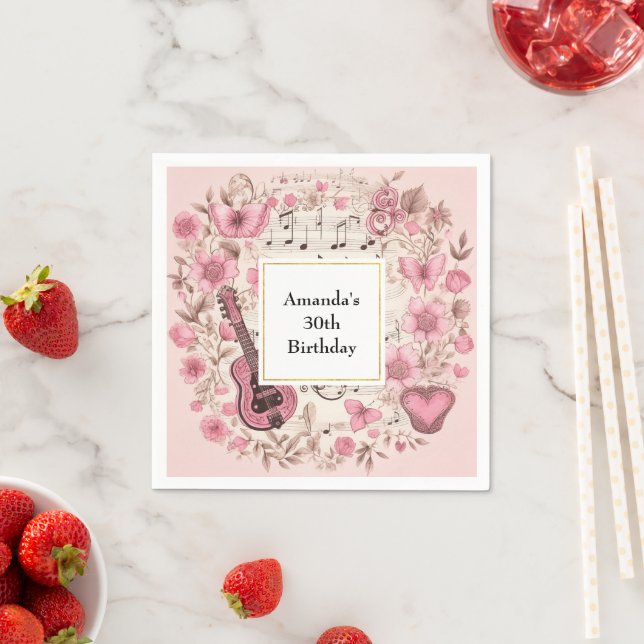Music Notes and Flowers Retro Style Birthday Napkin (Insitu)