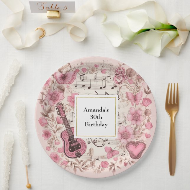 Music Notes and Flowers Retro Style Birthday Paper Plate (Wedding)