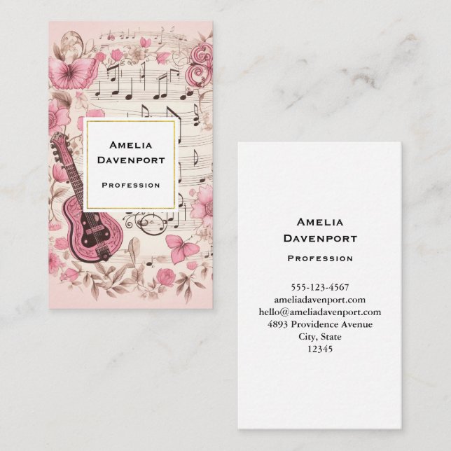 Music Notes and Flowers Retro Style Business Card (Front/Back)