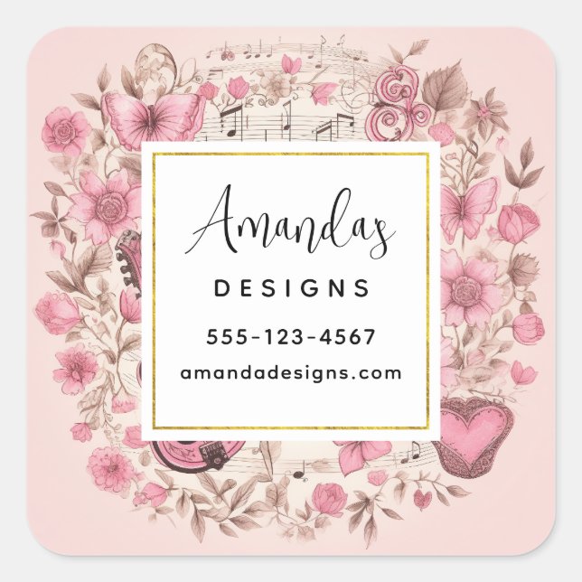 Music Notes and Flowers Retro Style Business Square Sticker (Front)