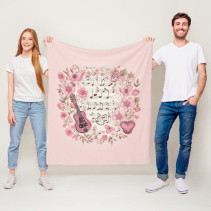 Music Notes and Flowers Retro Style Fleece Blanket