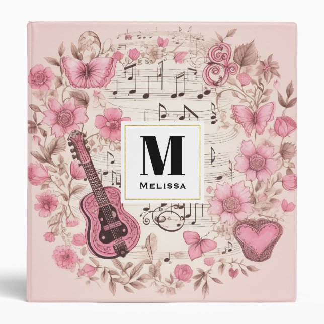 Music Notes and Flowers Retro Style Monogram Binder (Front)