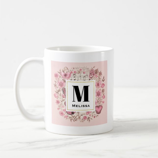 Music Notes and Flowers Retro Style Monogram Coffee Mug (Left)