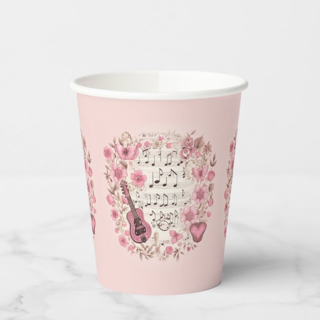 Music Notes and Flowers Retro Style Paper Cups (Left)