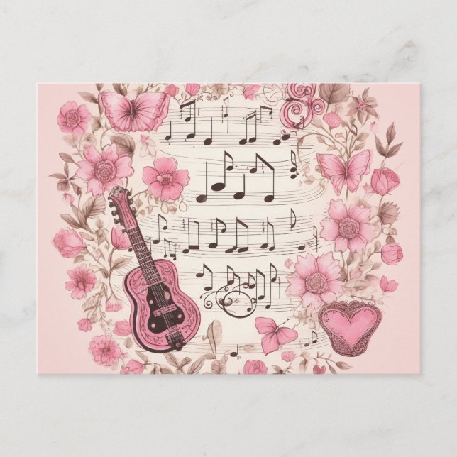 Music Notes and Flowers Retro Style Postcard (Front)
