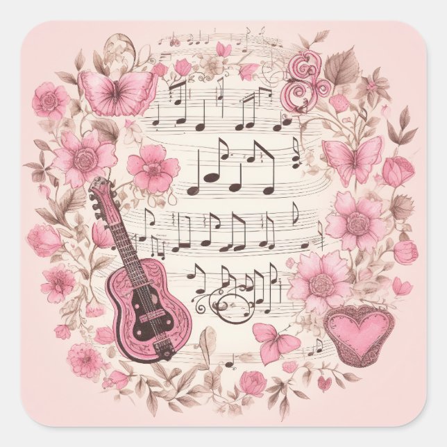 Music Notes and Flowers Retro Style Square Sticker (Front)