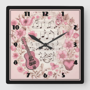 Music Notes and Flowers Retro Style Square Wall Clock
