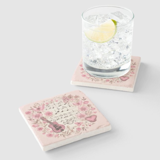  Music Notes and Flowers Retro Style Stone Coaster (Side)