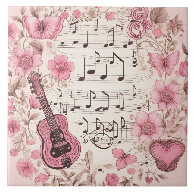 Music Notes and Flowers Retro Style Tile (Front)