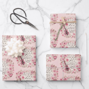Music Notes and Flowers Retro Style Wrapping Paper Sheet