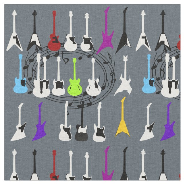 Music Notes and Guitar Print Fabric Material (Close Up)