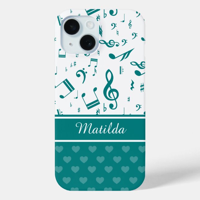 Music Notes and Hearts Pattern Teal and White Case-Mate iPhone Case (Back)