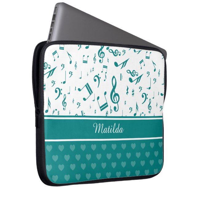 Music Notes and Hearts Pattern Teal and White Laptop Sleeve (Front Right)
