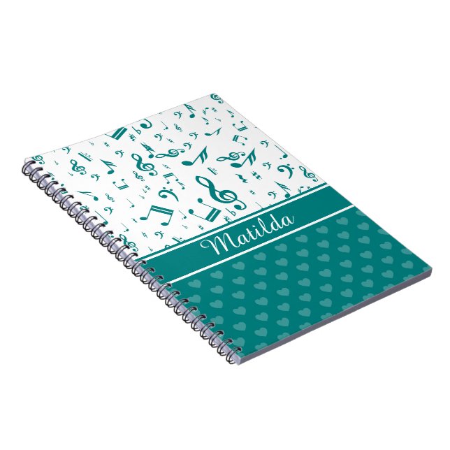 Music Notes and Hearts Pattern Teal and White Notebook (Right Side)