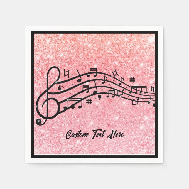Music Notes Black Pink Glitter Sparkle Personalize Napkin (Front)