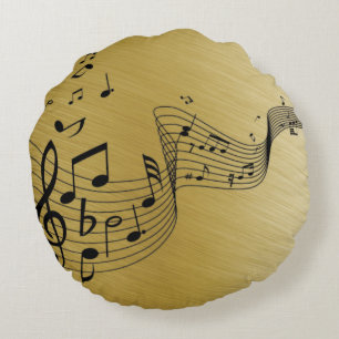 Music Notes Brushed Gold  Round Pillow