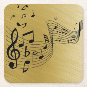 Music Notes Brushed Gold  Square Paper Coaster