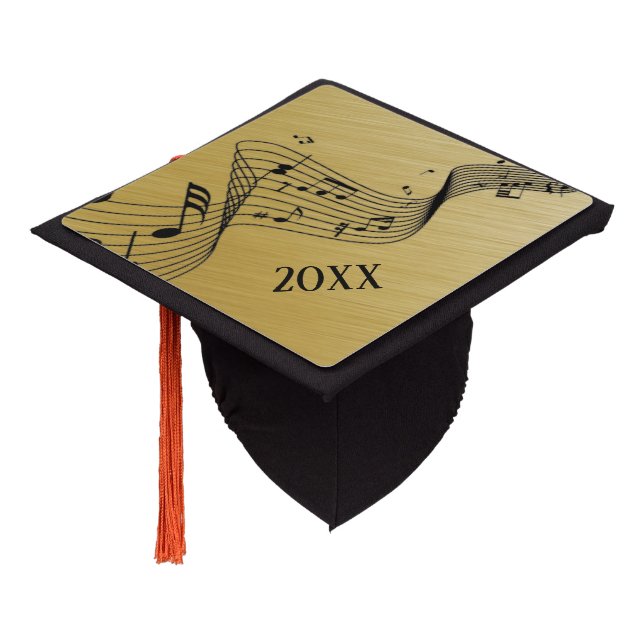 Music Notes Brushed Gold w Year Graduation Cap Topper (Angled)