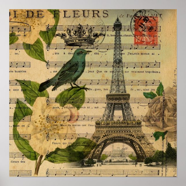 music notes camellia french paris eiffel tower poster (Front)