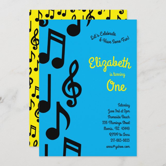 Music Notes Cute Kids 1st Birthday Party Invitation (Front/Back)