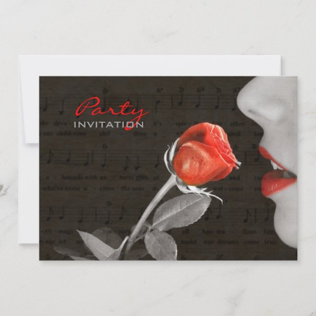 music notes flourish  valentines day red rose invitation (Front)