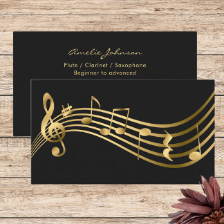 Music Notes Flute Teacher Gold Elegant Business Card